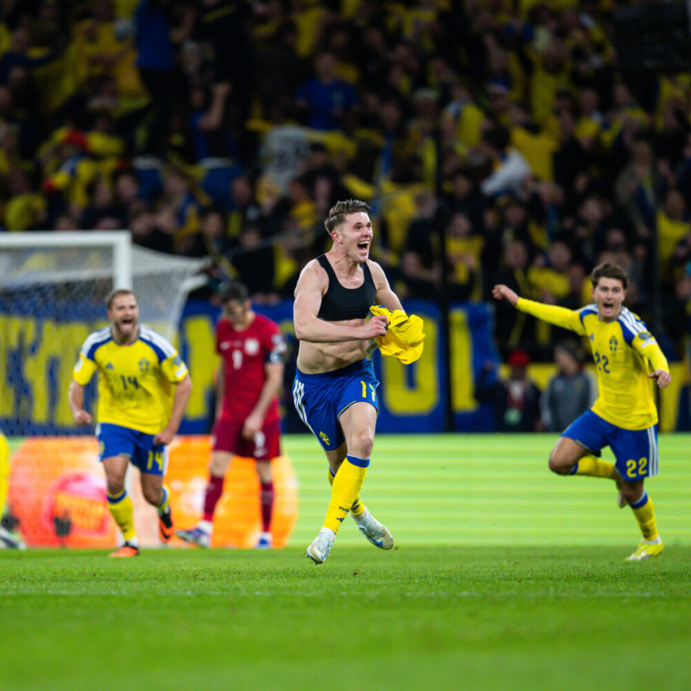 Viktor Gyökeres firar efter FIFA World Cup Qualifier finalmatch mellan Sverige och Polen March 31, 2026 i Stockholm.